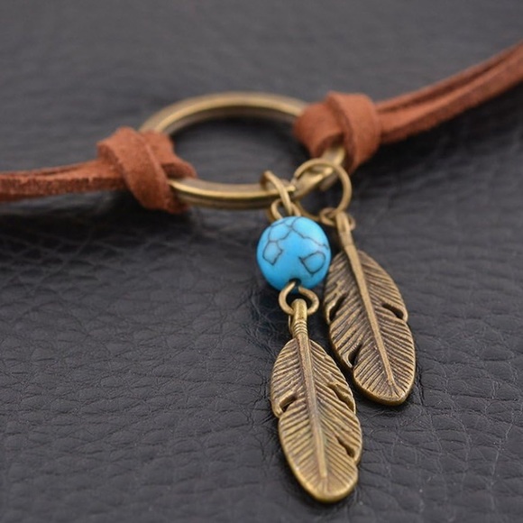 Brown Feather Choker Necklace with Turquoise Accent - Picture 3 of 3
